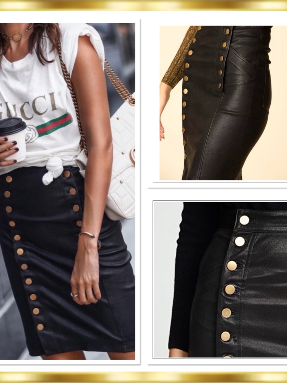 MW Lamb Leather Ella Stretch High-Waist Black MIDI Skirt XS Gold Buttons